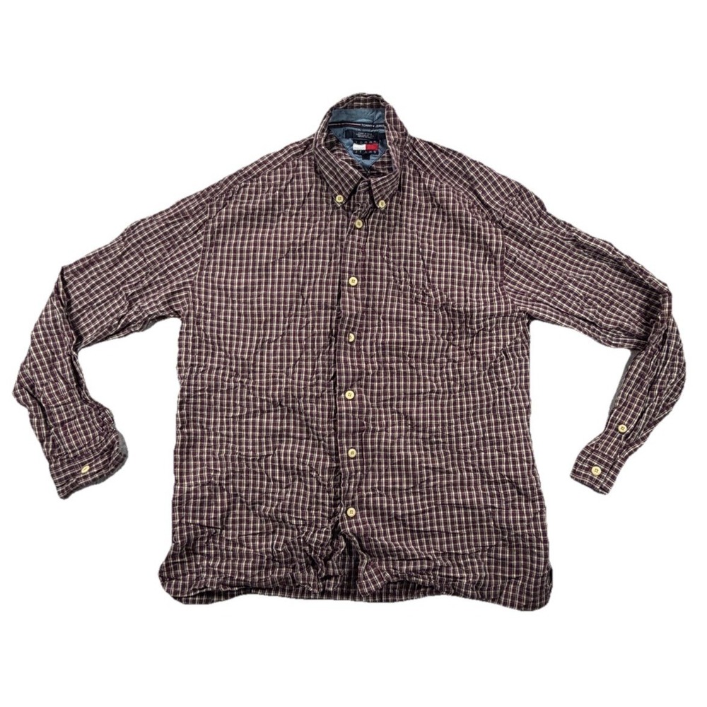 Tommy Hilfiger Button Front Maroon Check Shirt Embroidered Crest - Men's Large